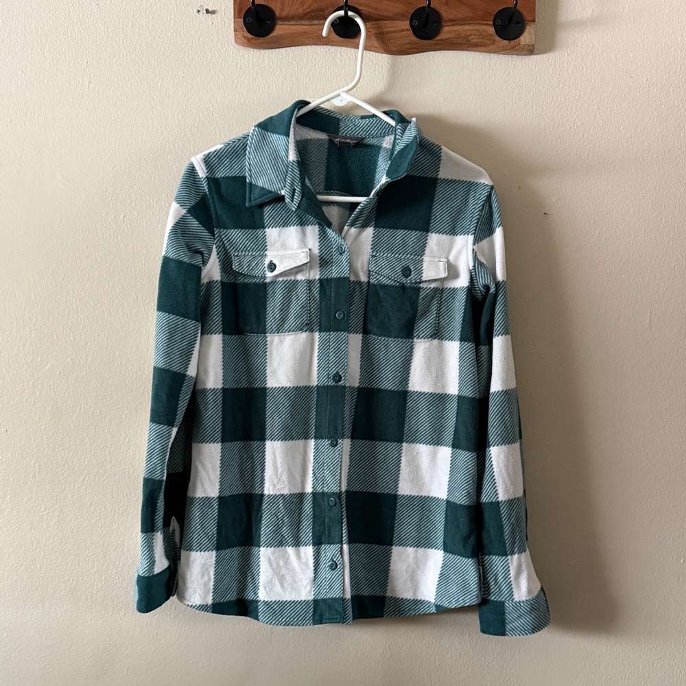 Eddie Bauer Teal White Buffalo Plaid Flannel Fleece Button Up Shirt Size M